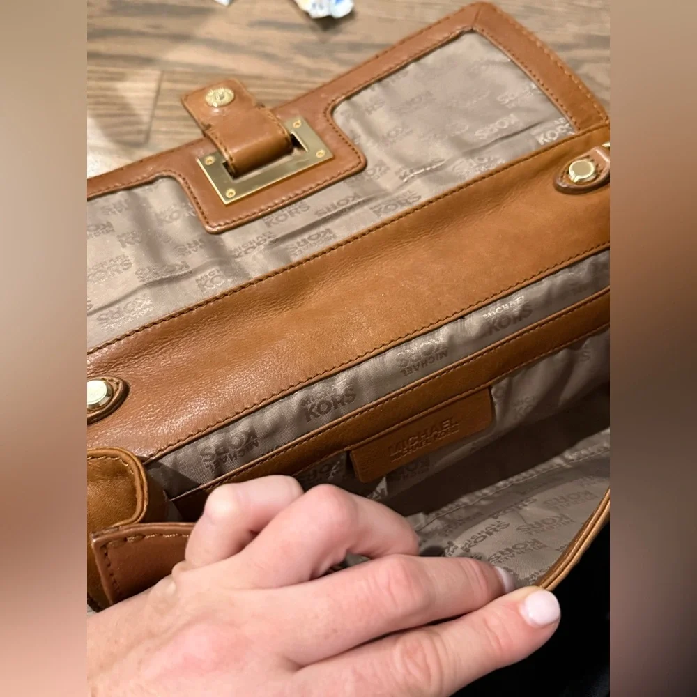 Michael Kors Brown Leather Clutch with Gold Chain